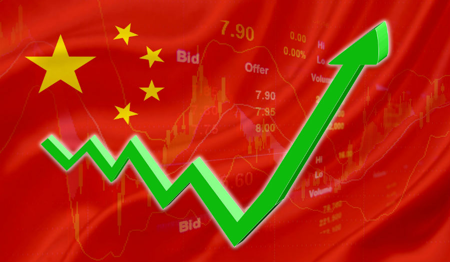 Flag of China with a chart of financial instruments for stock market analysis and a green uptrend arrow indicates the stock market enter booming period.